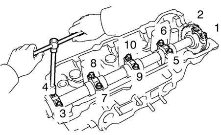 Порядок ослабления болтов крепления крышек подшипников выпускных клапанов задней головки блока цилиндров