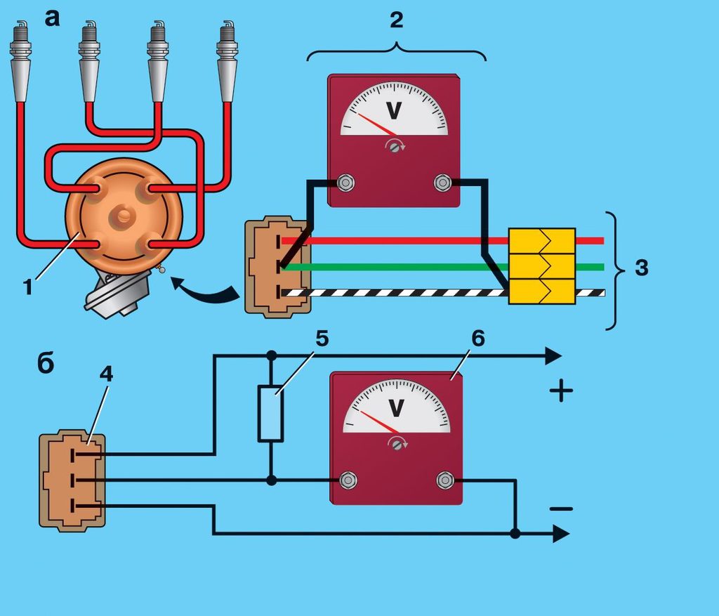 Схемы для проверки бесконтактного датчика на автомобиле (а) и на снятом датчике—распределителе зажигания (б)